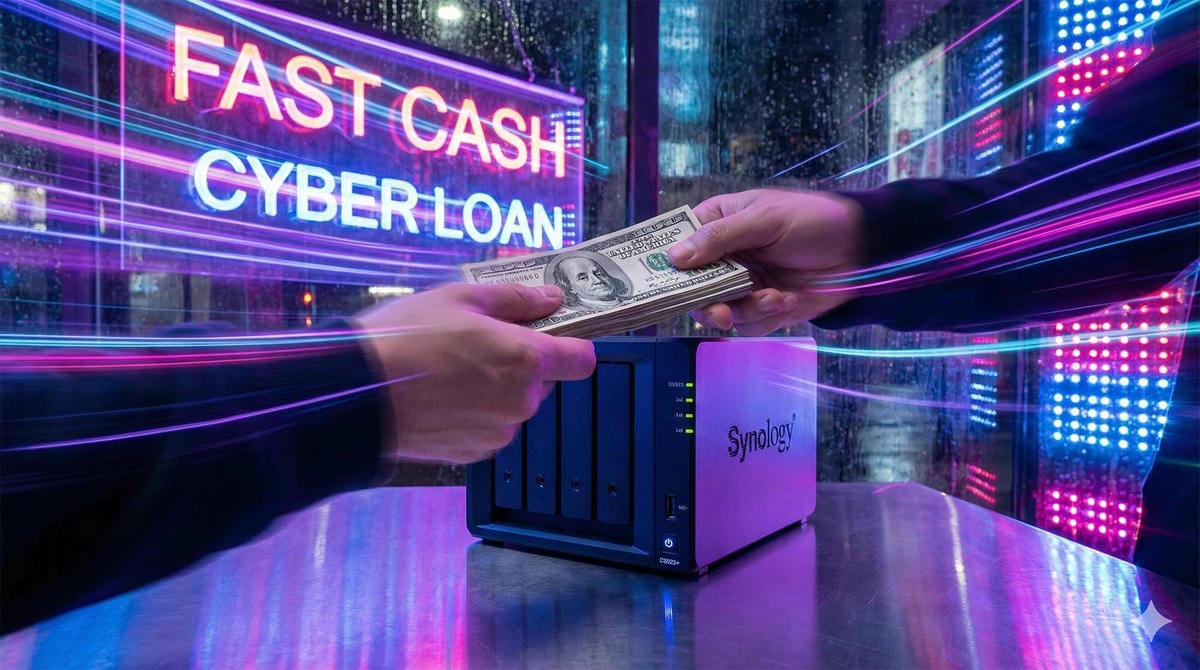 霓虹燈背景下的 Synology NAS 與快速現金交易示意 (Synology NAS with Fast Cash Transaction Concept against Neon Background)